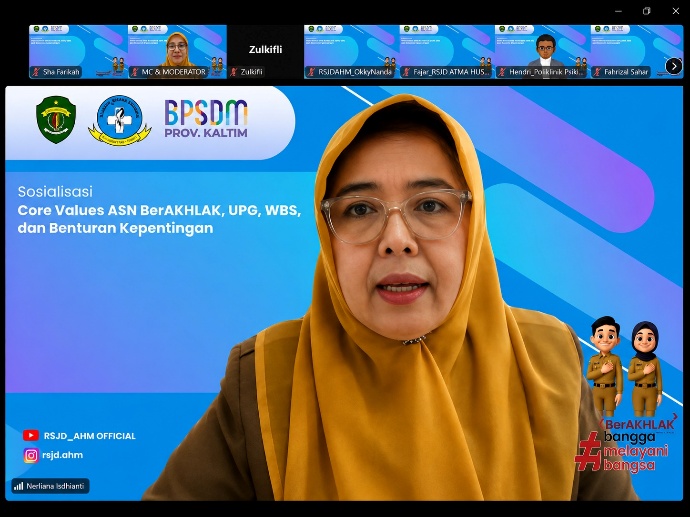 Perkuat Integritas dan Kualitas Pelayanan, RSJD AHM Gelar Sosialisasi Core Value ASN BerAKHLAK hingga WBS Secara Virtual
